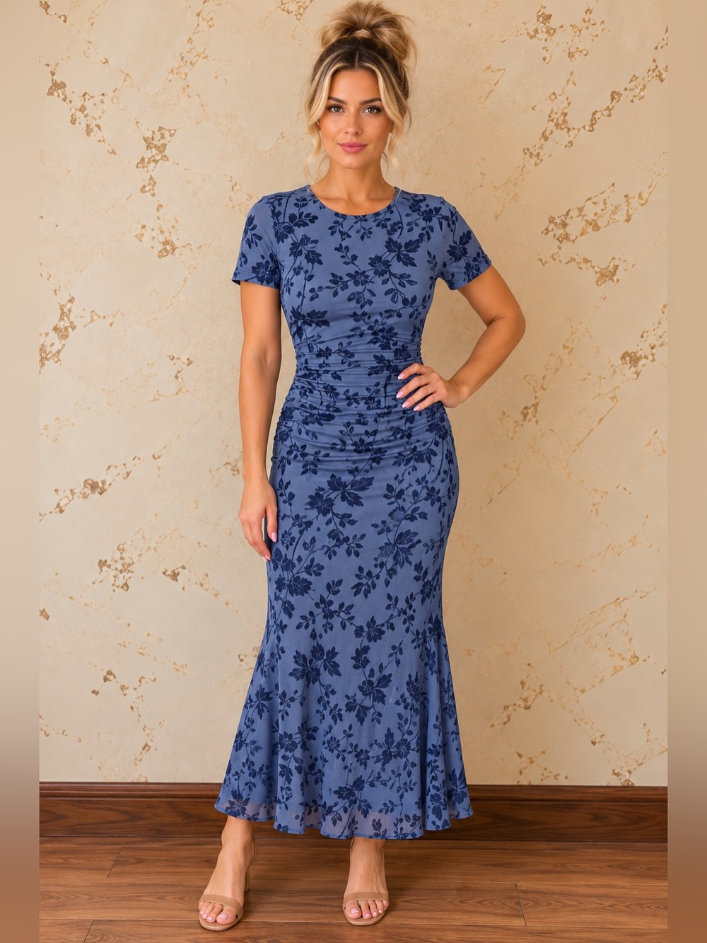 ZESICA Blue Floral Midi Dress Size Small NWT | Navy Botanical Print
